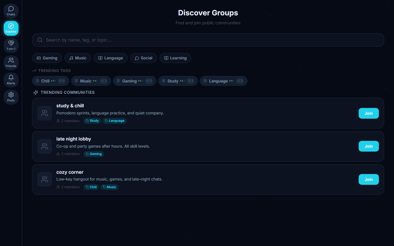 Dimsocial Discover page listing public communities to join by interest
