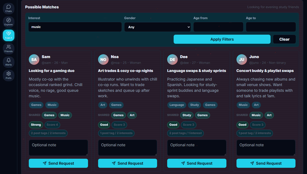 Dimsocial 1-on-1 matchmaking showing possible friend matches with shared interests and match scores